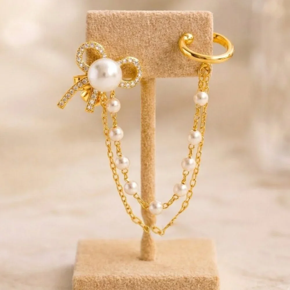 Wrapped in a Bow Gold Pearl Ear Cuff | CZ & Pearl Chain Drop | NEW